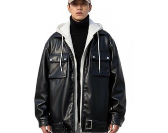 Chaqueta de motociclista de cuero genuino negro para hombre / Abrigo Cafe Racer con bloques de color de piel de oveja auténtica / Estilo urbano