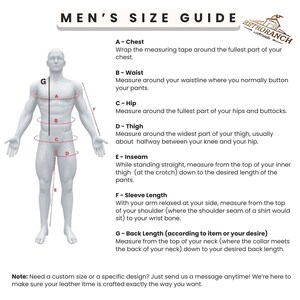 May include: A men's size guide detailing chest, waist, hip, thigh, inseam, sleeve length, and back length measurements. The guide shows a male mannequin with measurement lines and text instructions.