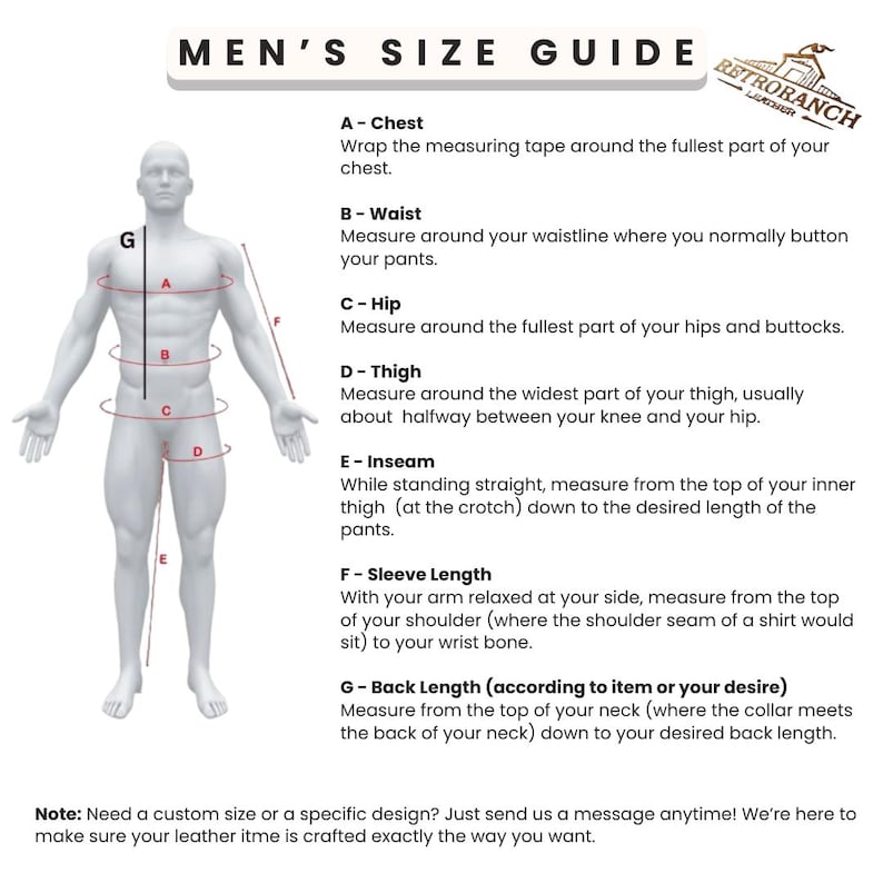 May include: A men's size guide detailing chest, waist, hip, thigh, inseam, sleeve length, and back length measurements. The guide shows a male mannequin with measurement lines and text instructions.