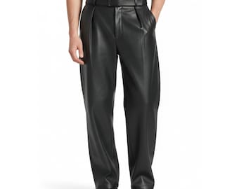 Mens Genuine Leather Trousers, Black Lambskin Pleated Dress Pants, Wide Leg Business Style, Handmade Leather Pants, Custom Fit, Gift for Him
