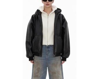 Unisex Pure Leather Oversized Black Hooded Jacket - Genuine Street Style Bomber Coat
