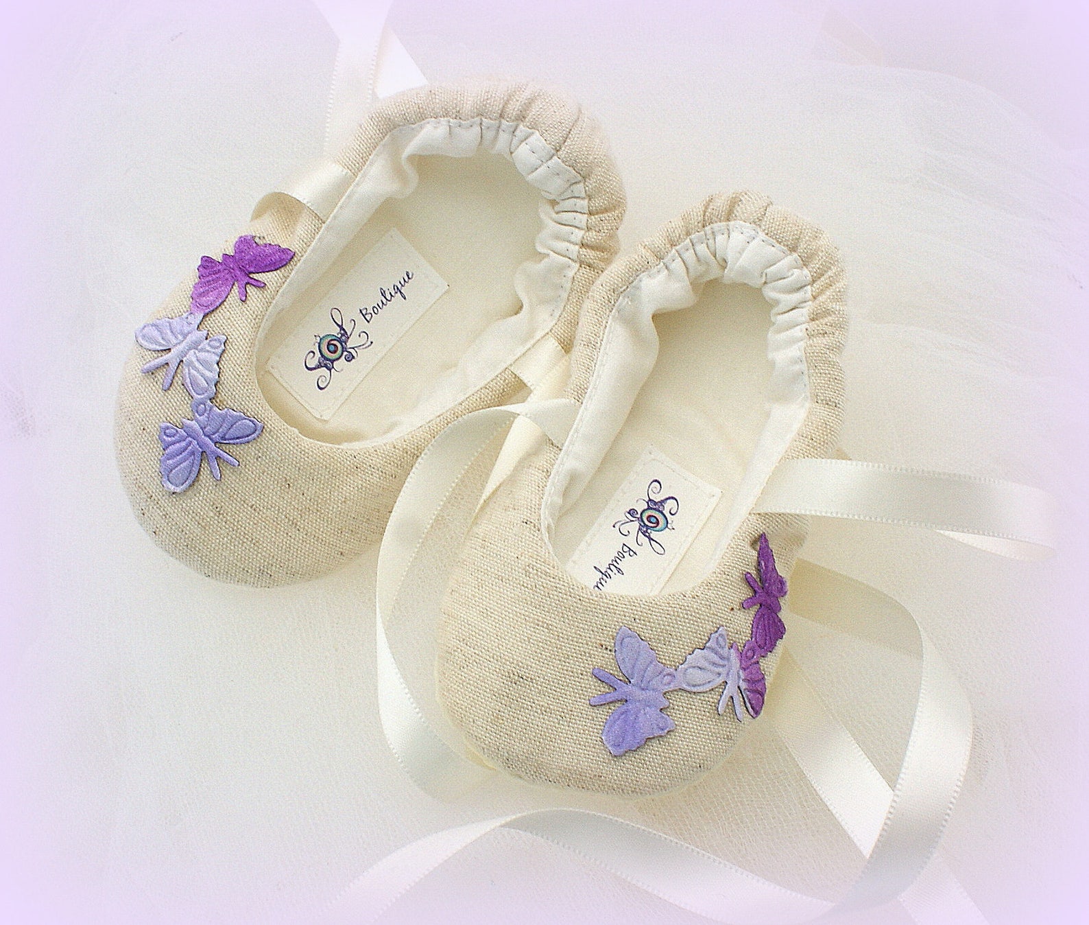 baby girl shoes, tan, purple, lilac, baby flats, baptism, butterflies, baby ballet flats, birthday, linen shoes, gift for baby,