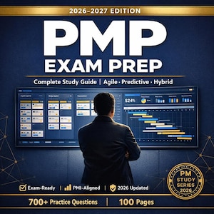 May include: A book cover for PMP Exam Prep, 2026-2027 Edition. The cover features a person looking at a screen with project management data. The book includes a complete study guide, practice questions, and is PMI-aligned.