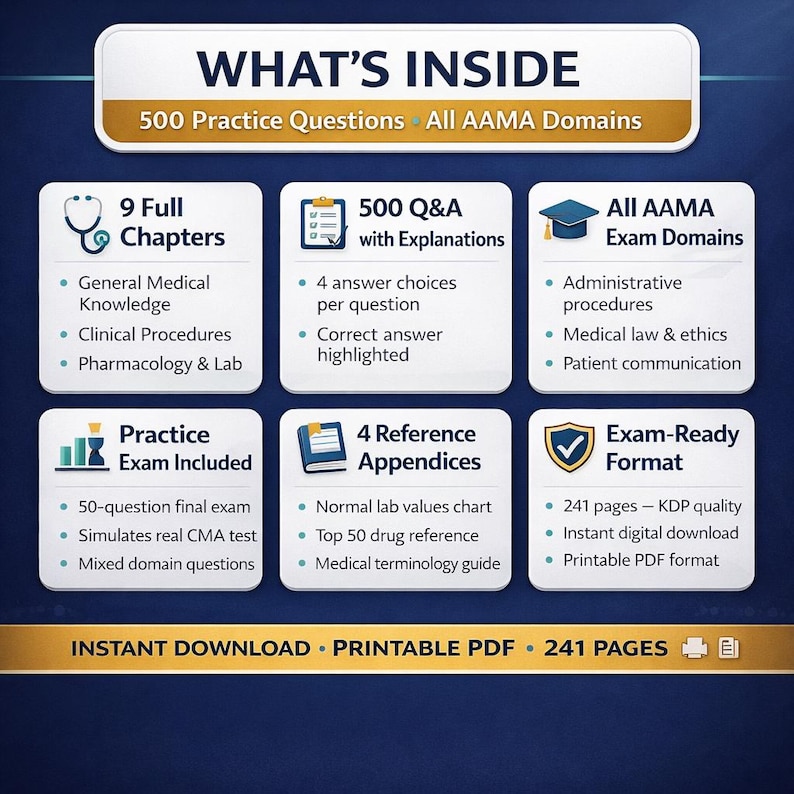 CMA Exam Prep Study Guide | 500 Practice Questions, Medical Assistant ...