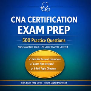 Può includere: Grafica blu e oro per la preparazione all'esame di certificazione CNA. Il titolo recita "CNA CERTIFICATION EXAM PREP" con "500 domande pratiche" sotto. Include punti elenco per spiegazioni dettagliate, suggerimenti per l'esame e 9 capitoli. Un grafico dello stetoscopio in alto.