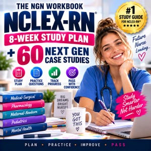 Può includere: Il manuale NGN NCLEX-RN 8-Week Study Plan con 60 Next Gen Case Studies. Una pila di cinque libri di testo colorati etichettati Medical-Surgical, Pharmacology, Maternal-Newborn, Pediatrics e Mental Health. Una tazza bianca riporta la scritta You Got This.