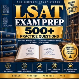 Op de afbeelding: Een LSAT-examenvoorbereidingsgids met een stapel blauwe boeken met de labels Law, Analysis, Reasoning en Success. Een open boek toont tekst over een betere toekomst. Bevat een gouden weegschaal en de tekst: 500+ Practice Questions.