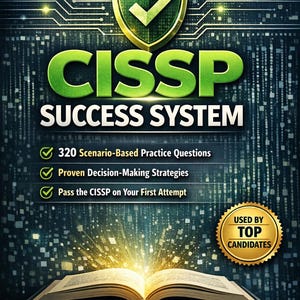 Op de afbeelding: Boekomslag voor het CISSP Success System. De titel "CISSP SUCCESS SYSTEM" staat in groene letters. Het boek belooft 320 scenario-gebaseerde oefenvragen en bewezen beslissingsstrategieën voor het examen.