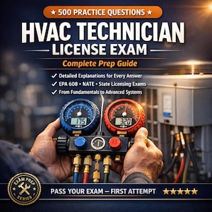 Puede incluir: Guía de preparación para el examen de licencia de técnico de HVAC con el texto "500 preguntas de práctica". La portada presenta medidores y el texto "Guía de preparación completa". Incluye explicaciones detalladas, EPA 608, NATE y exámenes estatales.