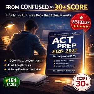 May include: A dark blue ACT Prep book titled "ACT Prep 2026-2027" with the text "Pass on Your First Try." The cover also includes the text "1,600+ Practice Questions," "3 Full-Length Tests," and "AI Essay Feedback Included." The book is labeled as a bestseller.