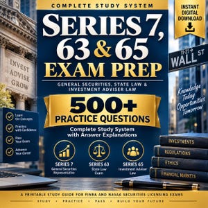 Puede incluir: Una guía de estudio digital para los exámenes Series 7, 63 y 65 con diseño en azul oscuro y dorado. El texto incluye Complete Study System, Series 7, 63 & 65 Exam Prep, 500+ Practice Questions, junto con iconos sobre valores, leyes y asesoría.