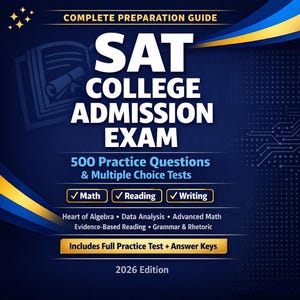 May include: A navy blue book cover with the title "SAT COLLEGE ADMISSION EXAM" in large white letters. The cover includes the text "500 Practice Questions & Multiple Choice Tests" and "2026 Edition". The book covers Math, Reading, and Writing.