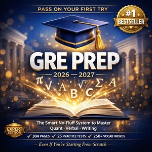 May include: A book cover for GRE Prep 2026-2027, featuring a blue graduation cap with a gold tassel. The title is in large white letters, with mathematical symbols and text that reads "The Smart No-Fluff System to Master Quant, Verbal, Writing."