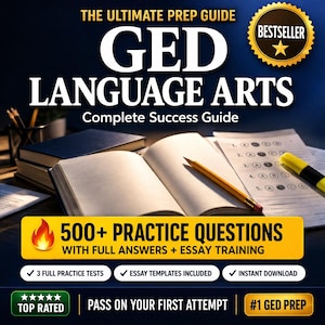 Op de afbeelding: Boekomslag voor een GED Language Arts studiehandleiding. De titel staat in grote witte letters. Het bevat informatie over oefenvragen en essaytraining. Een "Bestseller" zegel staat rechtsboven. Een potlood en een markeerstift zijn zichtbaar.