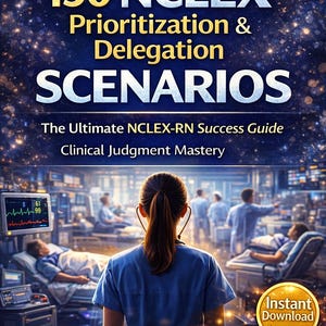 May include: A book cover with the title "150 NCLEX Prioritization & Delegation SCENARIOS". The cover features a medical professional in a hospital setting, with text that reads "The Ultimate NCLEX-RN Success Guide" and "Clinical Judgment Mastery".