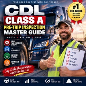 Puede incluir: Una guía maestra de inspección previa al viaje CDL Clase A con un camión semirremolque de fondo. El texto dice: Pass your CDL test with confidence, CDL Class A pre-trip inspection master guide, check, explain, pass, y una lista de verificación.