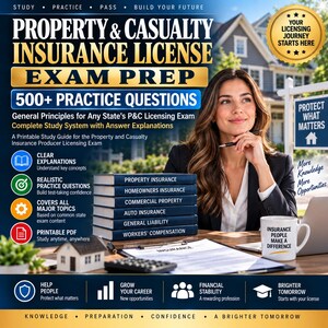 May include: A study guide for the Property & Casualty Insurance License Exam featuring a stack of six books labeled Property Insurance, Homeowners Insurance, Commercial Property, Auto Insurance, General Liability, and Workers' Compensation.