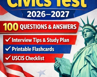May include: A promotional image for the US Citizenship Civics Test 2026-2027. The design features the text "US Citizenship Civics Test" in bold yellow letters, with the Statue of Liberty on the right. Includes "100 Questions & Answers" and "Interview Tips & Study Plan".