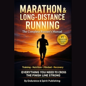 May include: Book cover for "Marathon & Long-Distance Running" featuring a runner's silhouette on a road at sunset. Gold text reads "Marathon & Long-Distance Running" and "The Complete Runner's Manual". Includes "#1 Marathon Training Guide".