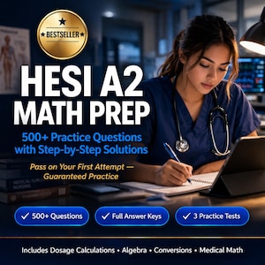 HESI A2 Matematikförberedande studieguide | 500+ frågor, steg-för-steg-lösningar, 3 övningsprov (PDF)