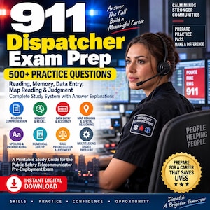 Può includere: Una guida allo studio digitale per l'esame da operatore 911 con oltre 500 domande di pratica. La copertina mostra il testo Answer The Call Build a Meaningful Career ed elenca argomenti come lettura, memoria, inserimento dati e mappe.