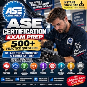Puede incluir: Una guía de preparación para el examen de certificación ASE con más de 500 preguntas de práctica para reparación automotriz G1 y serie A A1-A8. La imagen muestra a un mecánico trabajando en un motor, iconos de sistemas automotrices y texto descriptivo.