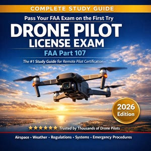 May include: A book cover for the "Drone Pilot License Exam" with a drone flying over a sunset landscape. The cover includes the text "FAA Part 107" and "2026 Edition". The book is a study guide for remote pilot certification.
