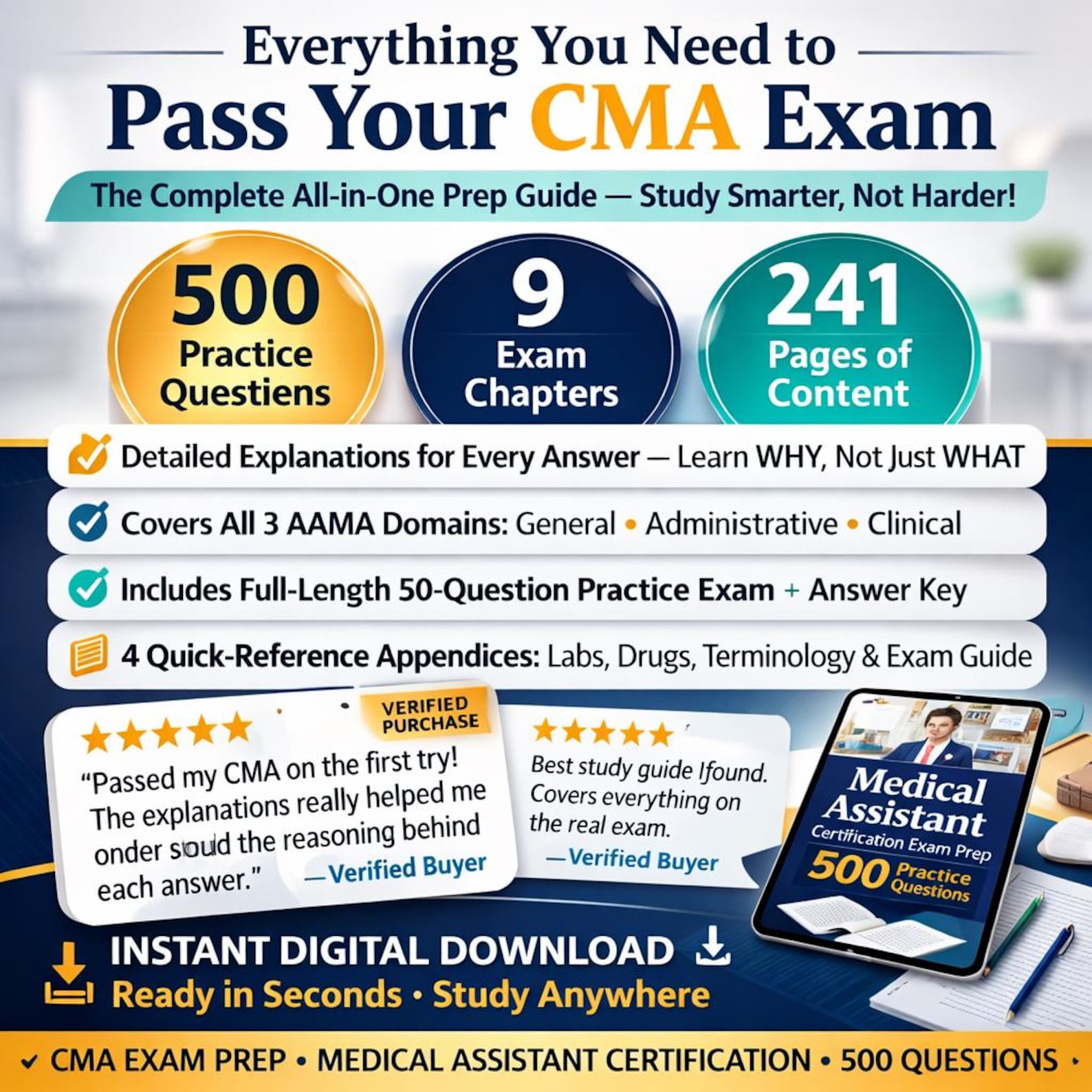 CMA Exam Prep Study Guide | 500 Practice Questions, Medical Assistant ...