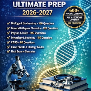 May include: A book titled "MCAT Ultimate Prep 2026-2027" with a microscope, stethoscope, and stacked books. The cover includes a list of topics with question counts, a badge for 600+ practice questions, and the text "Complete MCAT Review | Practice Tests | High-Yield Strategies."