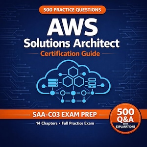 Peut inclure: Couverture de livre bleue avec le titre "AWS Solutions Architect Certification Guide" en blanc. Le livre contient également les mentions "500 Practice Questions" et "SAA-C03 Exam Prep". Un graphique de nuage avec des formes hexagonales est au centre.