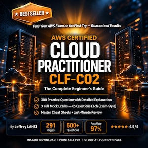 Może przedstawiać: Cyfrowa okładka książki do egzaminu AWS Certified Cloud Practitioner CLF-CO2. Okładka zawiera tytuł dużymi białymi literami, z tłem w postaci serwerów i świecącej grafiki chmurowej. Zawiera szczegóły dotyczące pytań praktycznych, egzaminów próbnych i 97% zdawalności.