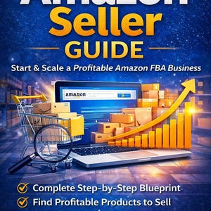 Könnte beinhalten: Ein digitales Handbuch mit dem Titel "Amazon Seller GUIDE" mit einem Laptop, einem Einkaufswagen und Kartons, das Amazon FBA-Geschäftskonzepte veranschaulicht. Das Bild enthält Text über den Start und die Skalierung eines profitablen Geschäfts, mit dem Label "Digital Download PDF".