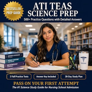 Pode incluir: Uma mulher de blusa azul senta-se numa secretária com livros e um copo. A imagem inclui o texto "ATI TEAS SCIENCE PREP" e "PASS ON YOUR FIRST ATTEMPT". Há três livros empilhados na secretária e ela tem uma caneta na mão.
