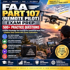 Op de afbeelding: Een FAA Part 107 Remote Pilot examenvoorbereidingsgids met een drone in de lucht boven een landschap. De tekst bevat Study, Practice, Pass, Fly Legally, 500+ Practice Questions en Drones Open Doors To New Horizons op een zwarte koffer.