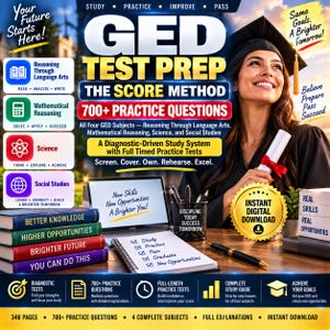 May include: A GED test prep digital study guide featuring a smiling graduate in a cap and gown, a laptop, a notebook with a checklist, and four colored books labeled Better Knowledge, Higher Opportunities, Brighter Future, and You Can Do This.