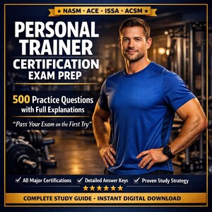 Peut inclure: Image promotionnelle pour un guide de préparation à l'examen de certification d'entraîneur personnel. L'image présente un homme en chemise bleue avec le texte "PERSONAL TRAINER CERTIFICATION EXAM PREP" et "500 questions pratiques avec explications complètes". Le guide promet de vous aider à "Réussir votre examen du premier coup".