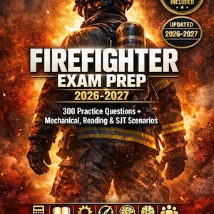 Könnte beinhalten: Buchcover für die Feuerwehr-Examen-Vorbereitung 2026-2027. Das Bild zeigt einen Feuerwehrmann in Uniform vor einem feurigen Hintergrund. Der Text enthält "300+ Fragen enthalten" und "Bestehen Sie Ihre Feuerwehrprüfung mit Zuversicht."
