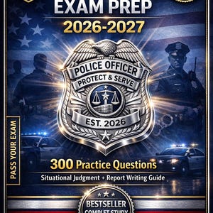 Könnte beinhalten: Buchcover für die Polizeibeamten-Examensvorbereitung 2026-2027. Das Cover zeigt eine Polizeimarke, Polizisten und Polizeiautos. Der Text enthält "300+ Fragen" und "Alles, was Sie zum Erfolg brauchen."