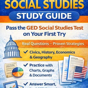 Op de afbeelding: Een studiehandleiding voor de GED Social Studies-test. De omslag toont de titel "GED SOCIAL STUDIES STUDY GUIDE" in witte en gouden letters tegen een blauwe achtergrond. De gids belooft u te helpen de test in één keer te halen, met echte vragen en bewezen strategieën.
