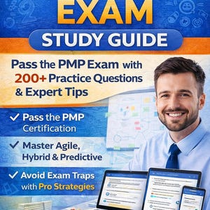 Puede incluir: Una portada de libro azul y naranja con el texto "PMP EXAM STUDY GUIDE". La portada también incluye el texto "Pass the PMP Exam with 200+ Practice Questions & Expert Tips". Un hombre sonríe en la imagen.