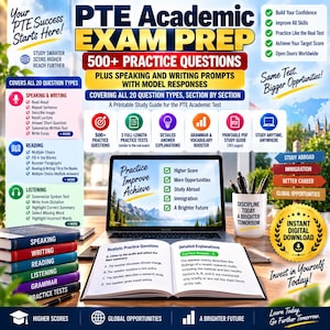 Op de afbeelding: Een PTE Academic examenvoorbereidingsgids met meer dan 500 oefenvragen, spreek- en schrijfoefeningen en modelantwoorden. De afbeelding toont een laptop, een opengeslagen studieboek en een mok met tekst tegen een professionele achtergrond.
