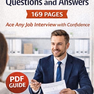 Puede incluir: Imagen de una portada de libro titulada "Job Interview Questions and Answers" con el texto "169 PAGES". Un hombre con traje azul sonríe y sostiene papeles. Un círculo rojo con "PDF GUIDE" está en primer plano. El libro promete ayudar a "Superar cualquier entrevista de trabajo con confianza."
