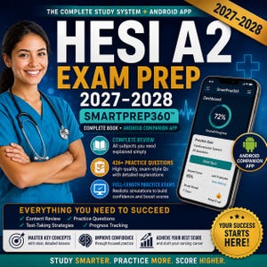 May include: HESI A2 Exam Prep 2027-2028 study guide featuring a smartphone displaying the SmartPrep360 Android app dashboard. The graphic includes text detailing 426+ practice questions, full-length practice exams, and content review for nursing students.