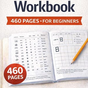 May include: A workbook titled "Basic Kanji Workbook" with 460 pages for beginners. The open book shows kanji characters and practice grids. A yellow pencil rests on the page. The cover has the text "Learn & Write Japanese Kanji with Confidence."