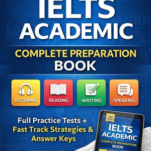 May include: A blue background features the title "IELTS ACADEMIC COMPLETE PREPARATION BOOK." The cover includes icons for Listening, Reading, Writing, and Speaking. A tablet displays the book's cover. The book has 192 pages.
