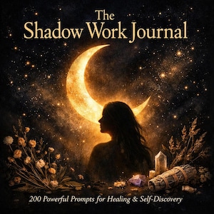 Könnte beinhalten: Digitale Illustration von "The Shadow Work Journal" mit einem Halbmond und der Silhouette einer Frau. Das Bild zeigt einen Sternenhimmel, Blumen, Kristalle und ein Salbeibündel. Der Text lautet "200 Powerful Prompts for Healing & Self-Discovery."