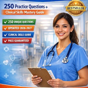 Puede incluir: Portada del libro CNA Exam Prep 2026-2027. La portada presenta a una mujer sonriente con uniforme azul y un estetoscopio, sosteniendo una carpeta. El texto incluye "250 preguntas de práctica + Guía de dominio de habilidades clínicas" y "Todo lo que necesitas para aprobar al primer intento".