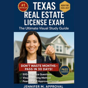Könnte beinhalten: Buchcover für die Texas Real Estate License Exam. Das Cover zeigt eine lächelnde Frau, die Schlüssel vor einem Haus hält. Der Text enthält "#1 Bestseller", "Neu für 2026-2027" und "Verschwenden Sie keine Monate - Bestehen Sie in 30 Tagen!"