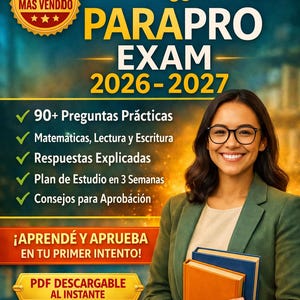 Könnte beinhalten: Werbebild für einen Studienführer zur Parapro-Prüfung 2026-2027. Der Text ist auf Spanisch und zeigt eine Frau, die Bücher hält. Es werden praktische Fragen und ein Studienplan hervorgehoben. Der Titel lautet "Komplette Ausgabe auf Spanisch!"