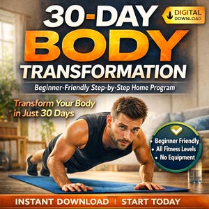 Könnte beinhalten: Werbung für ein 30-Tage-Körpertransformationsprogramm. Ein Mann macht Liegestütze auf einer blauen Matte. Der Text enthält "Anfängerfreundliches Schritt-für-Schritt-Heimprogramm" und "Verwandeln Sie Ihren Körper in nur 30 Tagen".
